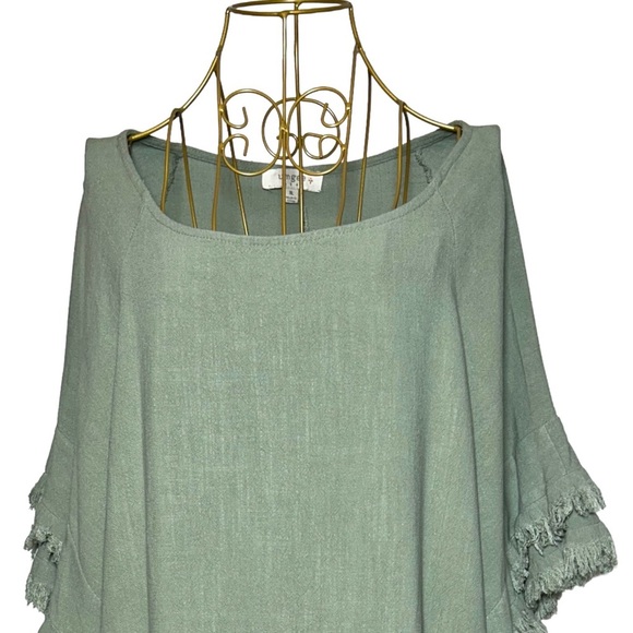 Umgee Boho Linen Blend Long Green Tunic Top w/ Fringed & Tiered Elbow Sleeves XL - Picture 6 of 12